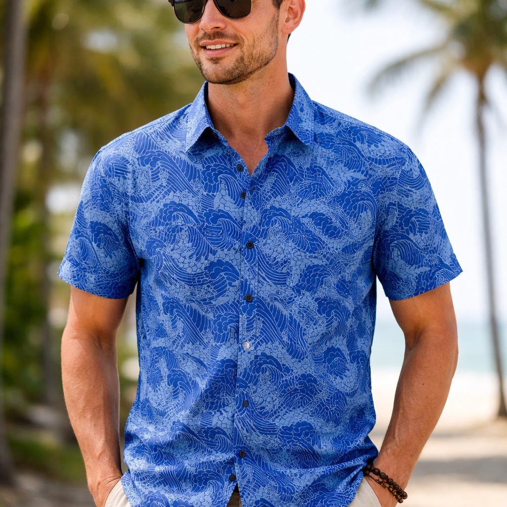 Park Waves Dragon Print Short Sleeve Button Down Shirt Blue NWT Medium 22x32